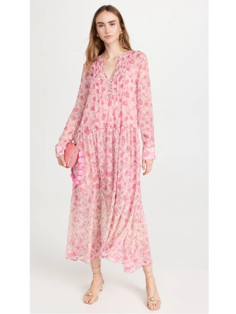 Free people See It Through Pink Floral Long-Sleeve Maxi Dress